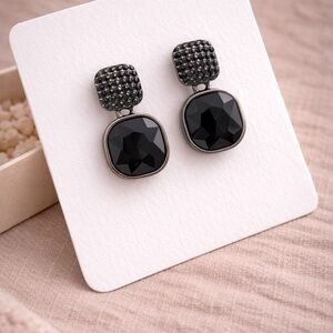 Black Crystal Statement Earrings | Gunmetal Rhinestone Square Drop